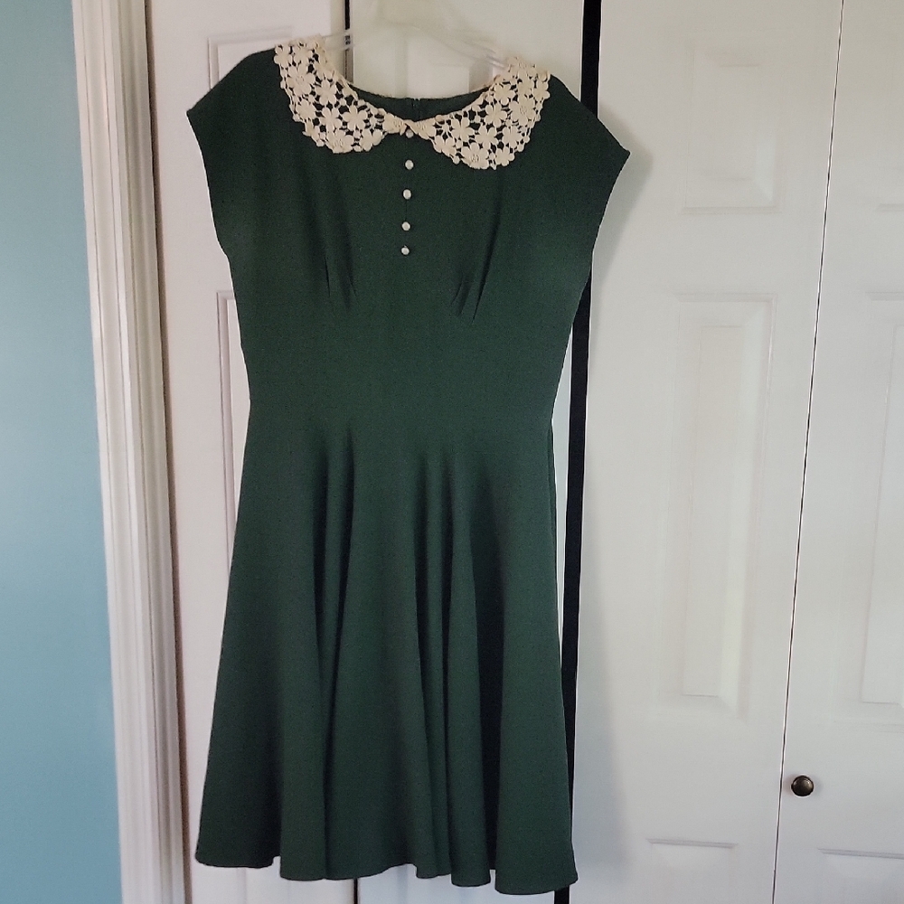 Hell Bunny Green Dress with Cream Lace Collar